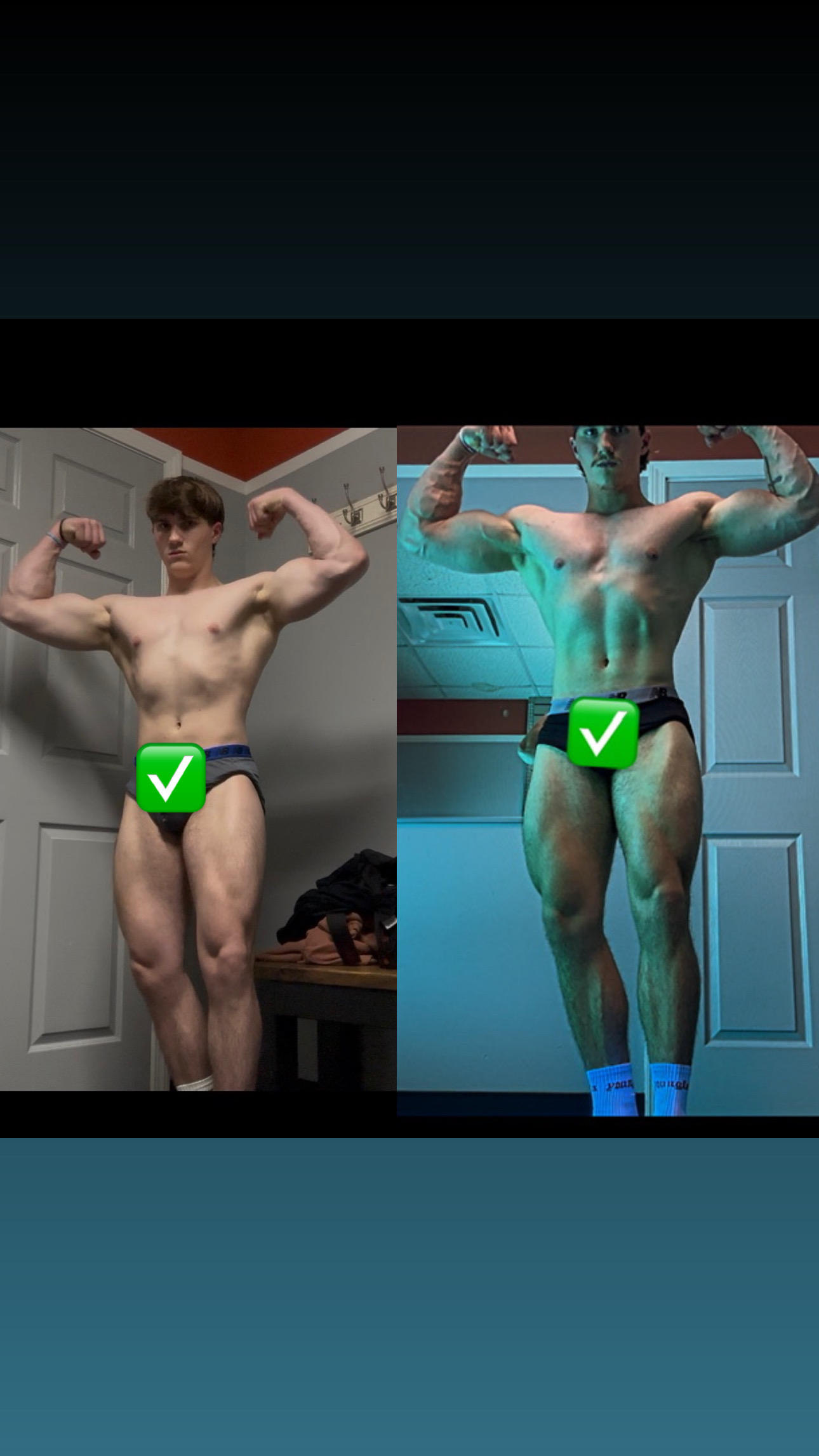 Two side-by-side physique photos supplied by the Harrison Fitness coach